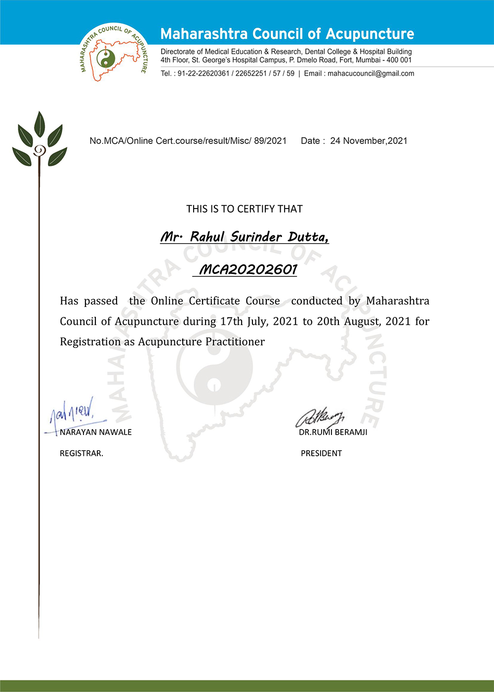 Acupuncture Certificates